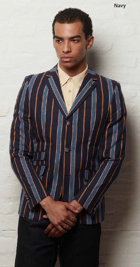 Gabicci Vintage Men's V56GJ04 Henley Stripe Blazer Navy Blue