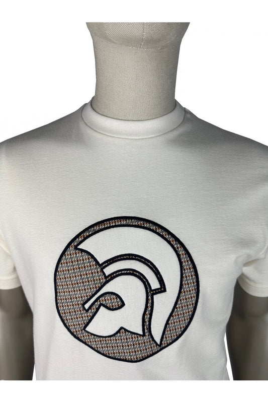 Trojan Records Men's TR9091 Applique Jacquard Logo Tee Shirt Ecru
