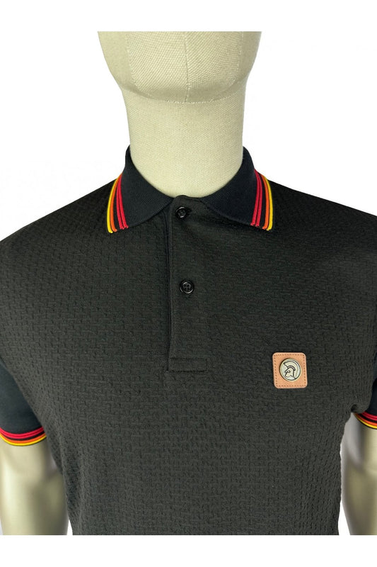 Trojan Records Men's TR9032 Basket Knit Plain Panel Polo Shirt Black