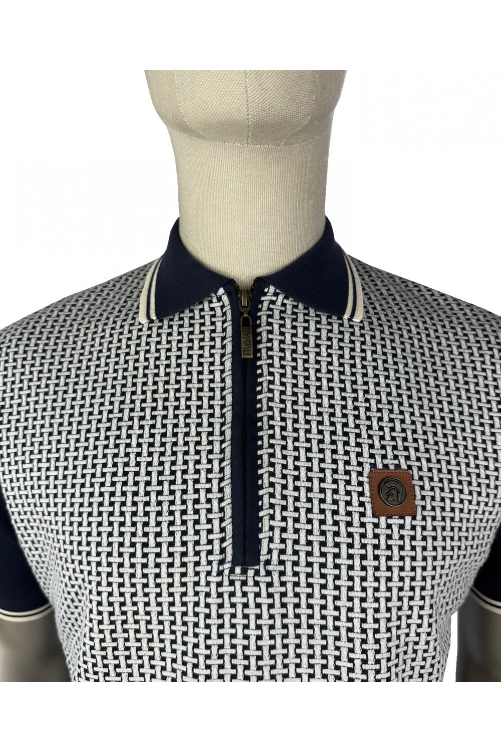 Trojan Records Men's TR9031 Basket Knit Zip Panel Polo Shirt Navy