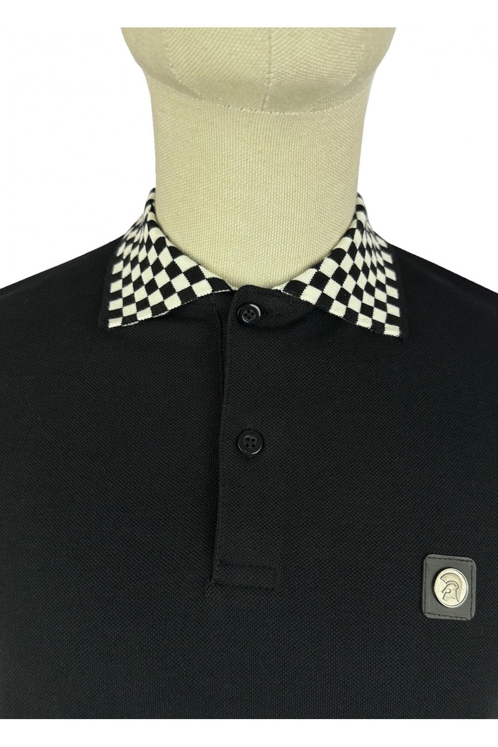 Trojan Records Men's TR9034 L/S Chequerboard Trim Polo Shirt Black