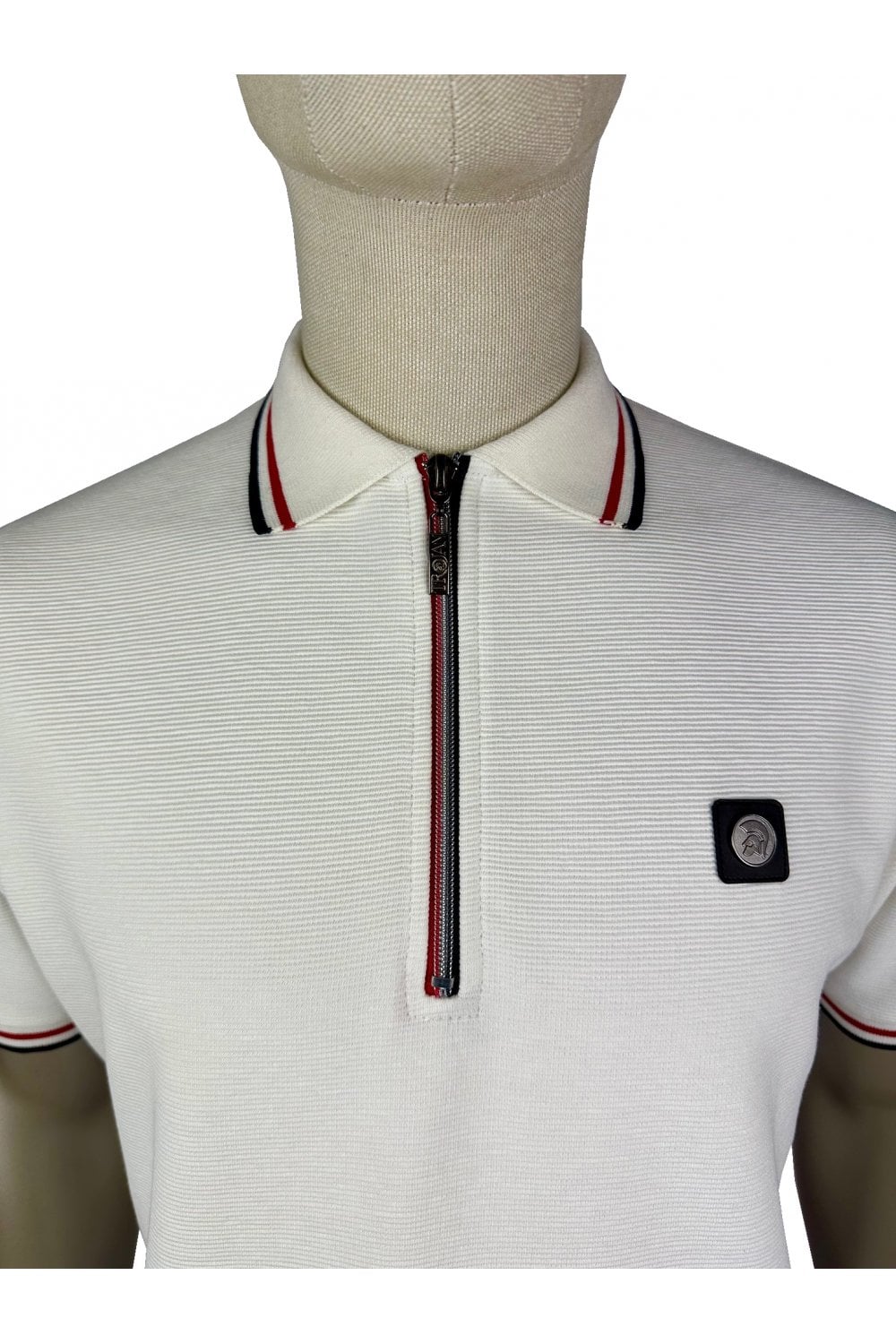 Trojan Records Men's TR9023 Ottoman Rib Zip Polo Shirt Ecru