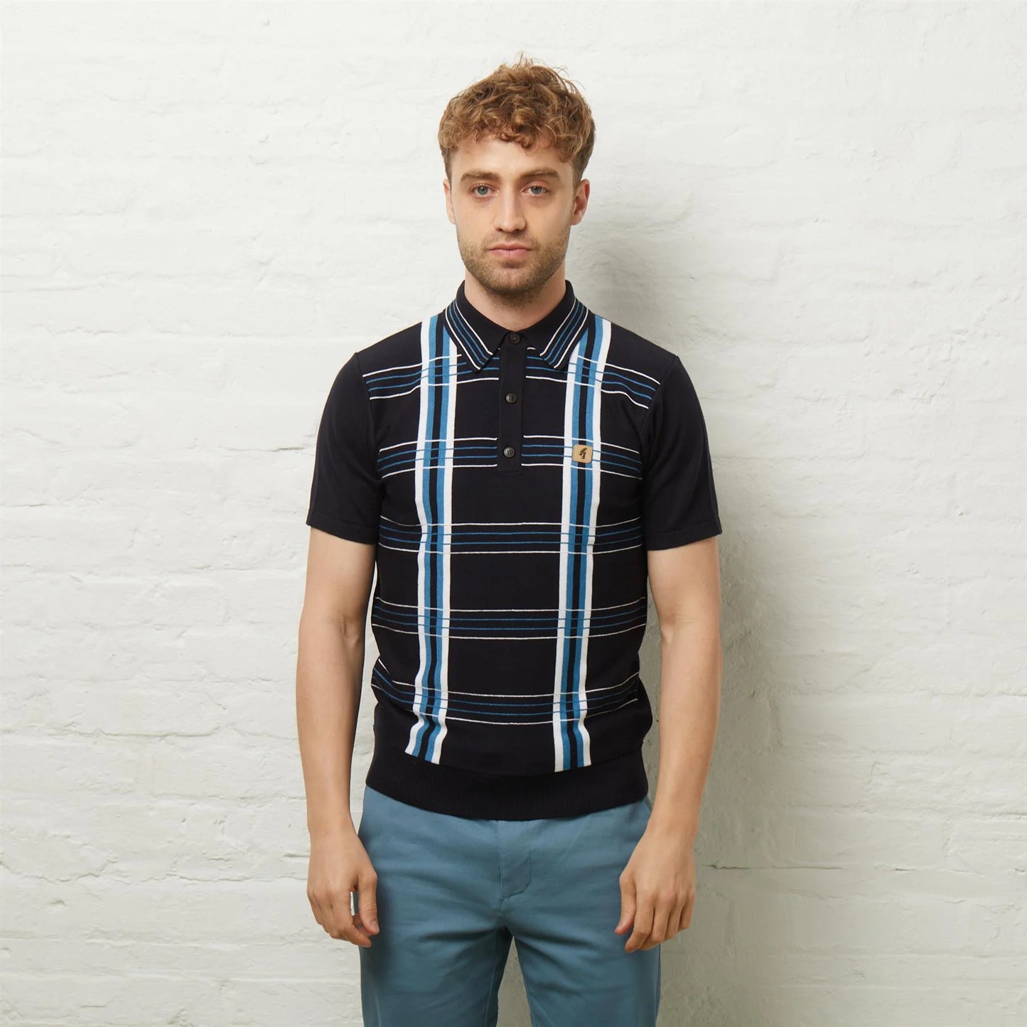 Gabicci Vintage Men's V54GM01 Miller SS Check Polo Shirt Navy Blue