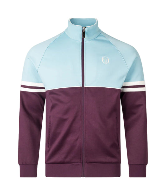 Two-tone jacket with light blue and purple design on a white background