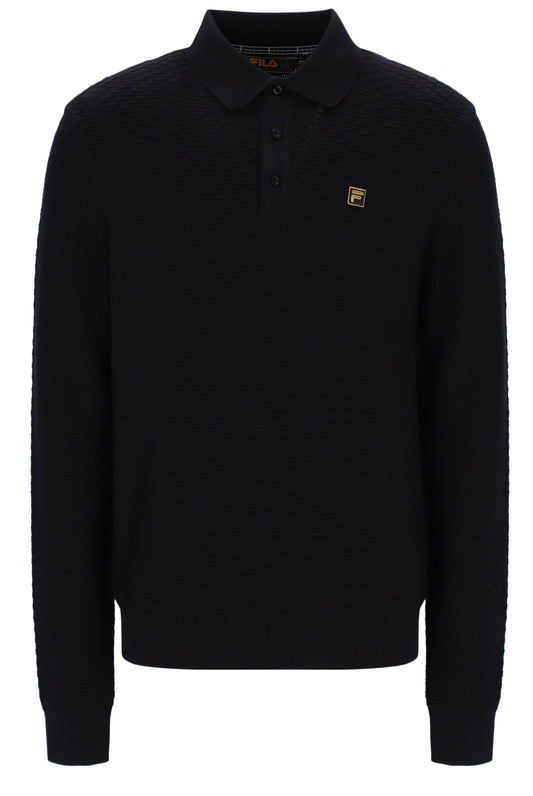 Fila Vintage Elia Brick Knit Long Sleeve Polo Shirt Black
