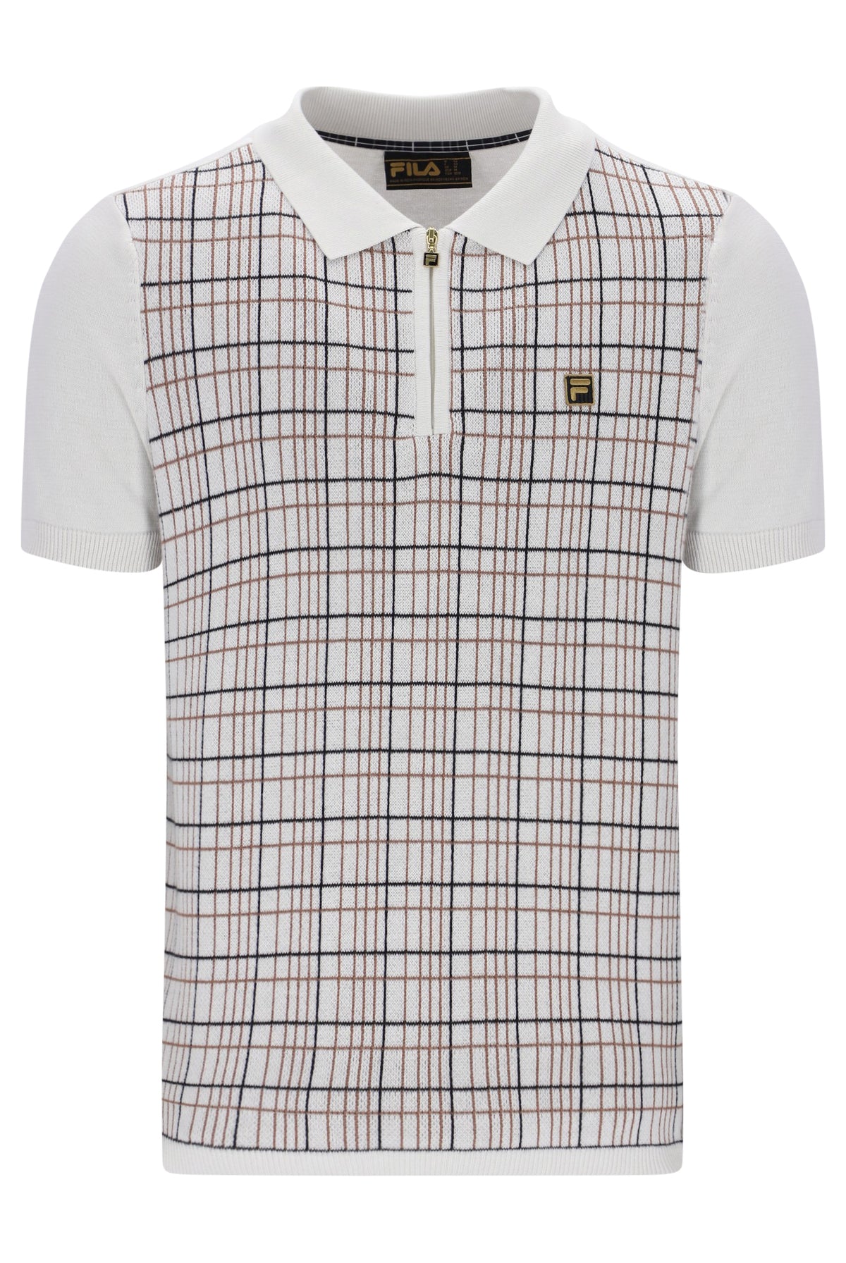 Fila Vintage Enzo Knitted Check Zip Polo Shirt White Down