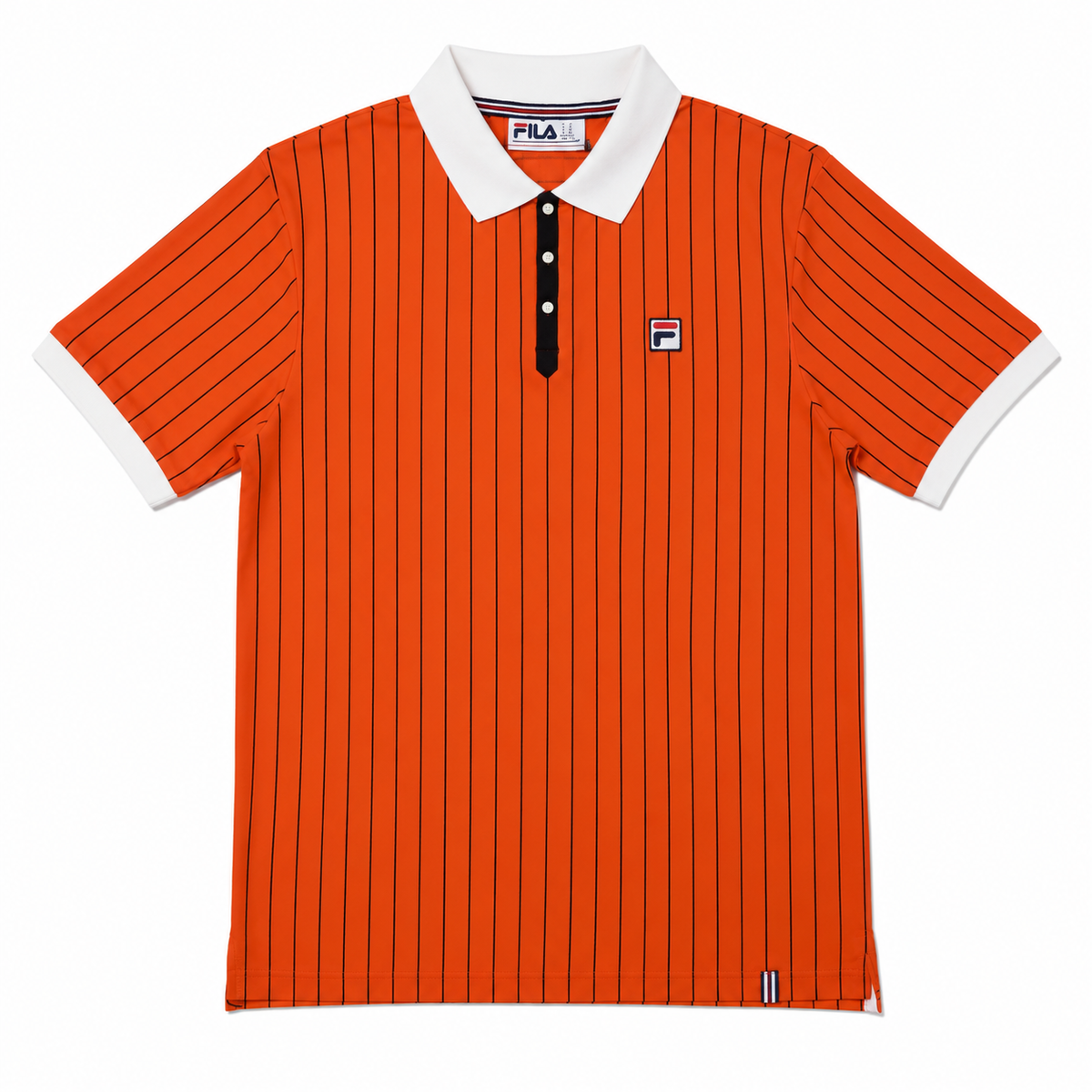 An orange short-sleeve polo shirt with thin black vertical pinstripes, a white collar, and a white button placket. The Fila logo is visible on the chest and inside the collar.
