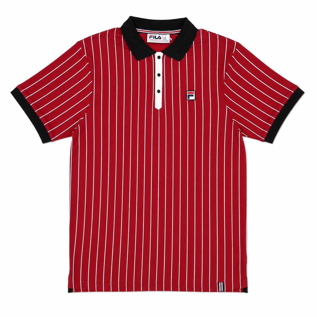 A red short-sleeve polo shirt with thin white vertical pinstripes, a black collar and sleeve cuffs, and a small Fila logo patch on the left chest, shown flat against a white background.