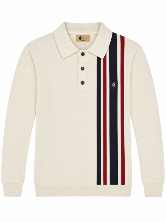 Gabicci Vintage Men's V57GM03 Soda L/S Stripe Polo Shirt Cream