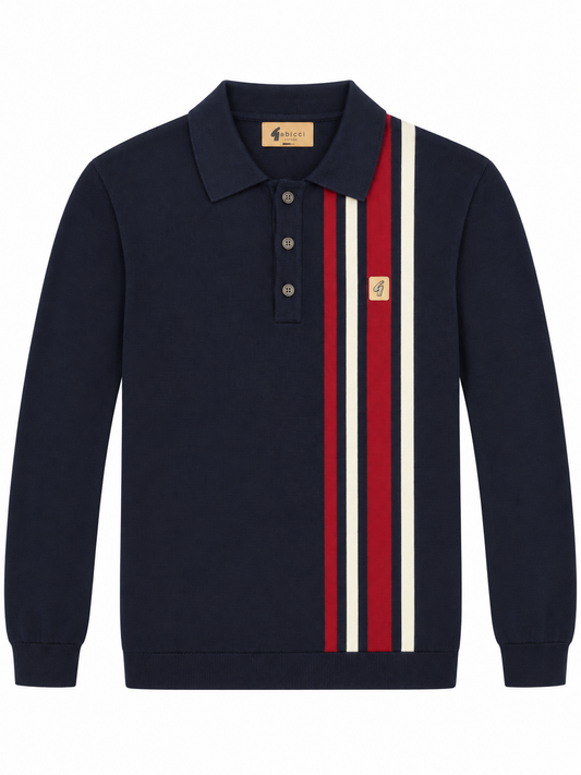 Gabicci Vintage Men's V57GM03 Soda L/S Stripe Polo Shirt Navy Blue