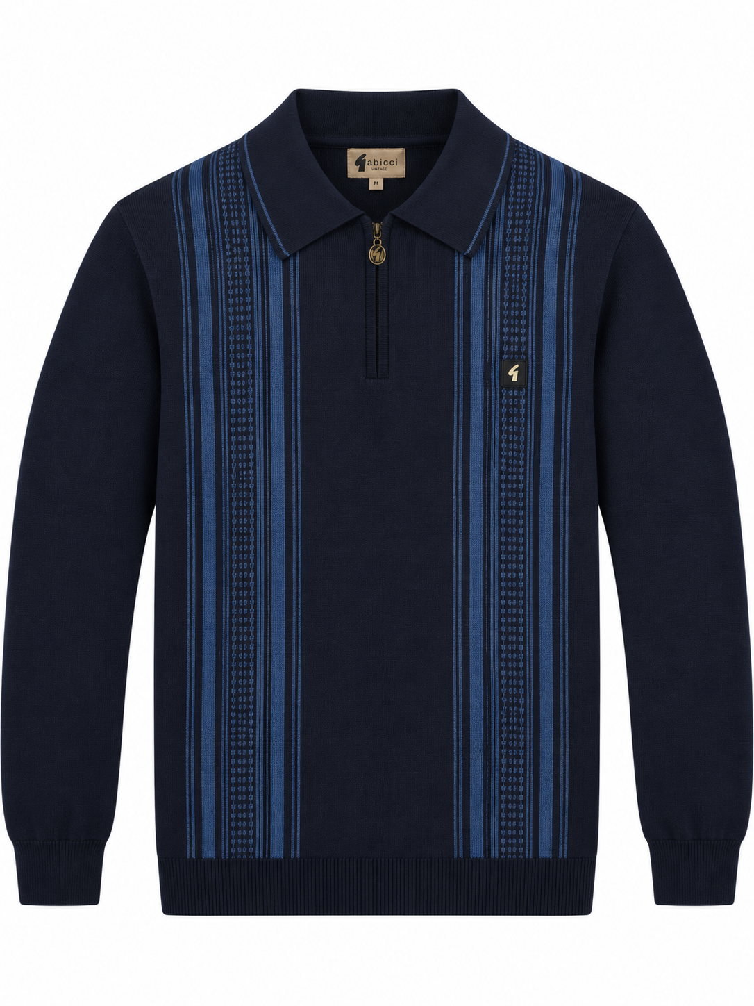 Gabicci Vintage Men's V57GM04 Hambro L/S Stripe Zip Polo Shirt Navy Blue