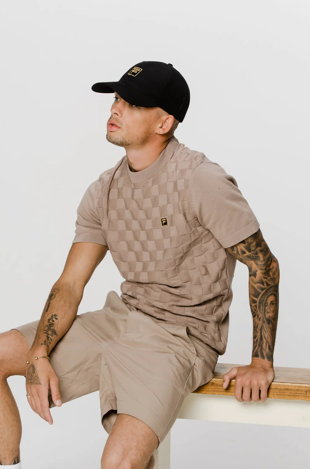 Fila Vintage Men's Campbell Knit Crew Neck T Shirt Mocha Meringue