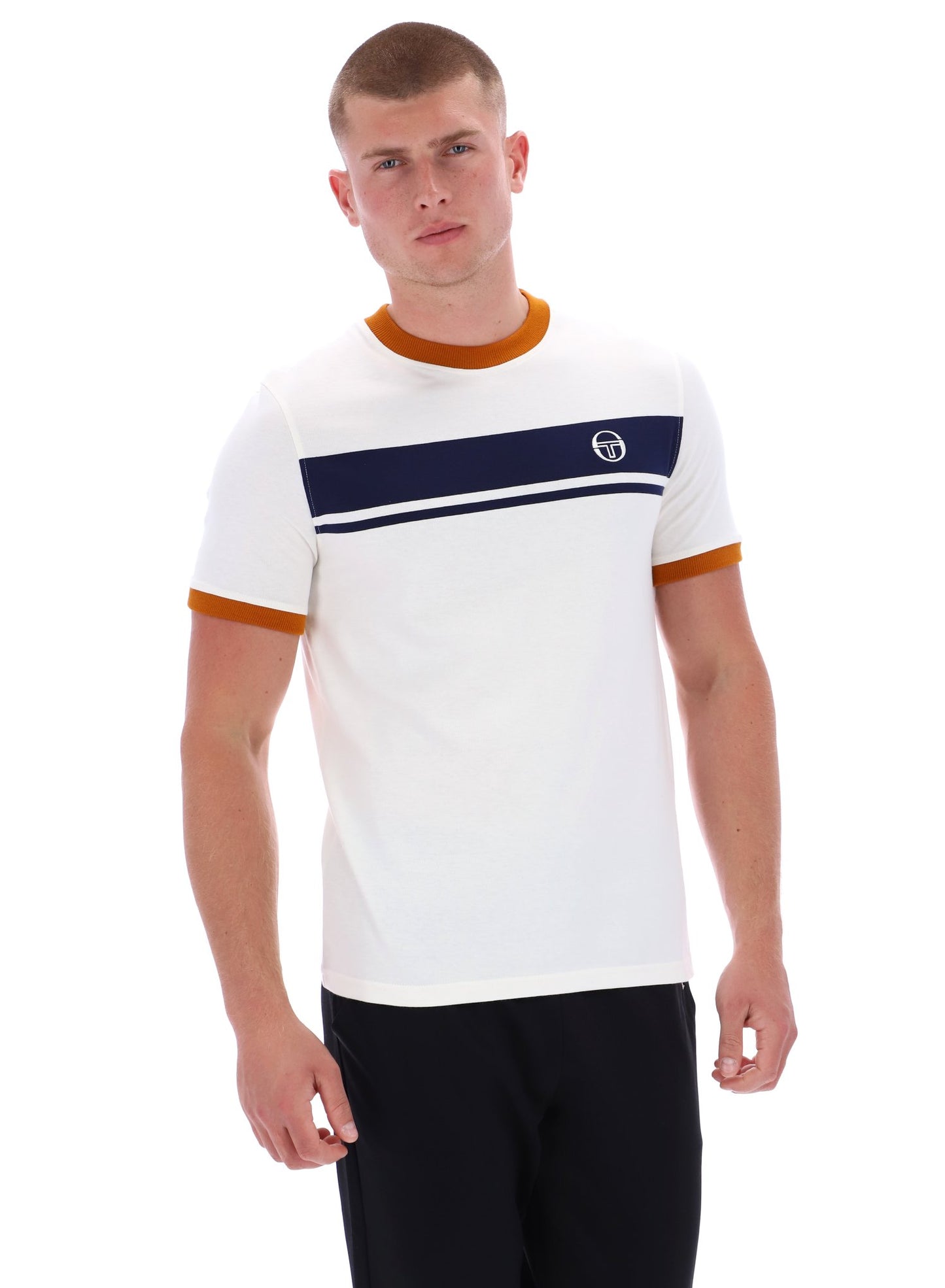 Sergio Tacchini Men's STM14593 SS Master Crew Neck T Shirt Gardenia / Maritime Blue