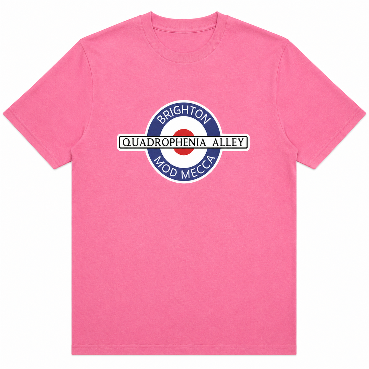A pink short-sleeve crewneck t-shirt featuring a parody graphic of the London Underground roundel with the text 'BRIGHTON', 'QUADROPHENIA ALLEY', and 'MOD MEECH' in blue, white, and red.