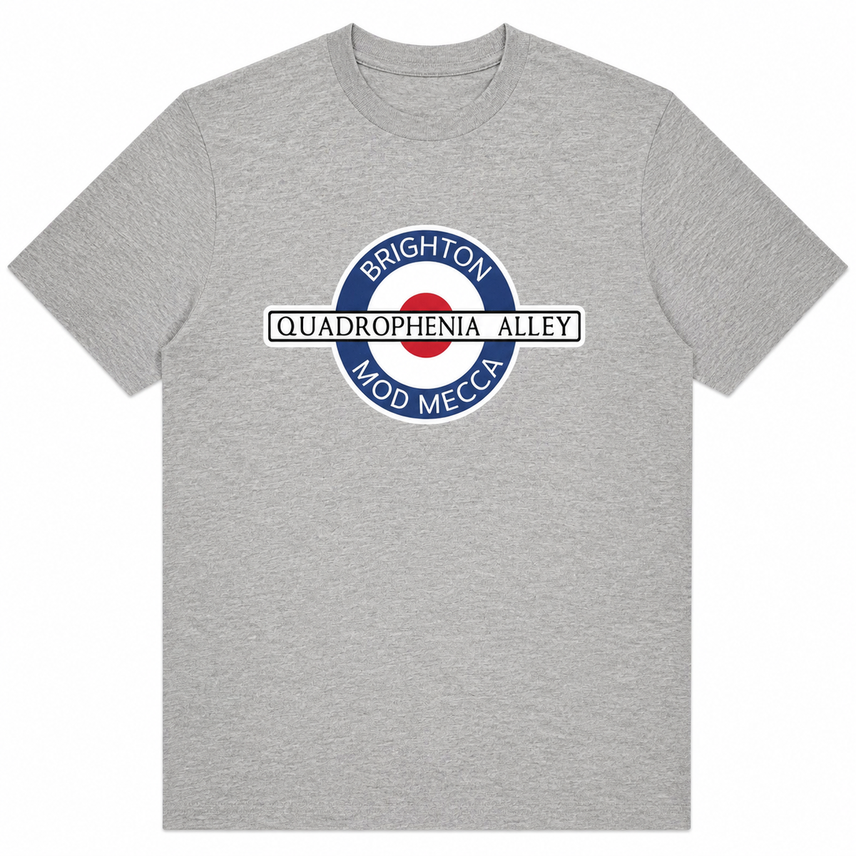 A heather gray short-sleeve crewneck t-shirt featuring a circular graphic on the chest with a red, white, and blue target design and the text 'BRIGHTON QUADROPHENIA ALLEY MOD MECCA'.