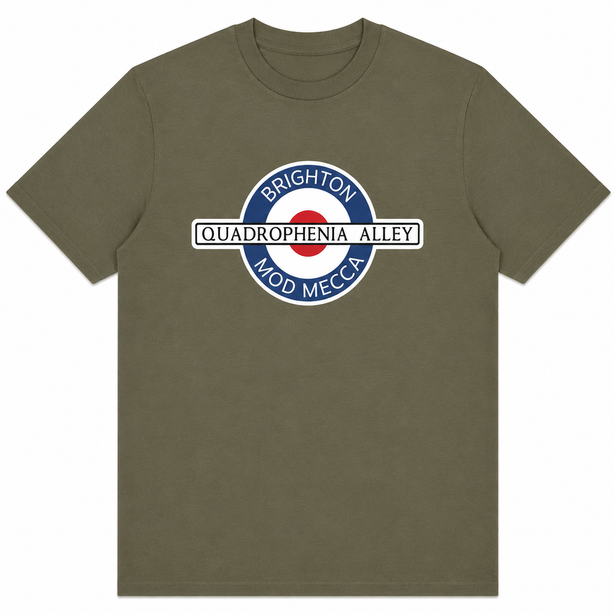 An olive green short-sleeve t-shirt with a circular graphic on the chest. The graphic features a blue ring with the words 'BRIGHTON' and 'MOD MECCA' in white, a white bar across the center reading 'QUADROPHENIA ALLEY' in black, and a red circle in the middle.
