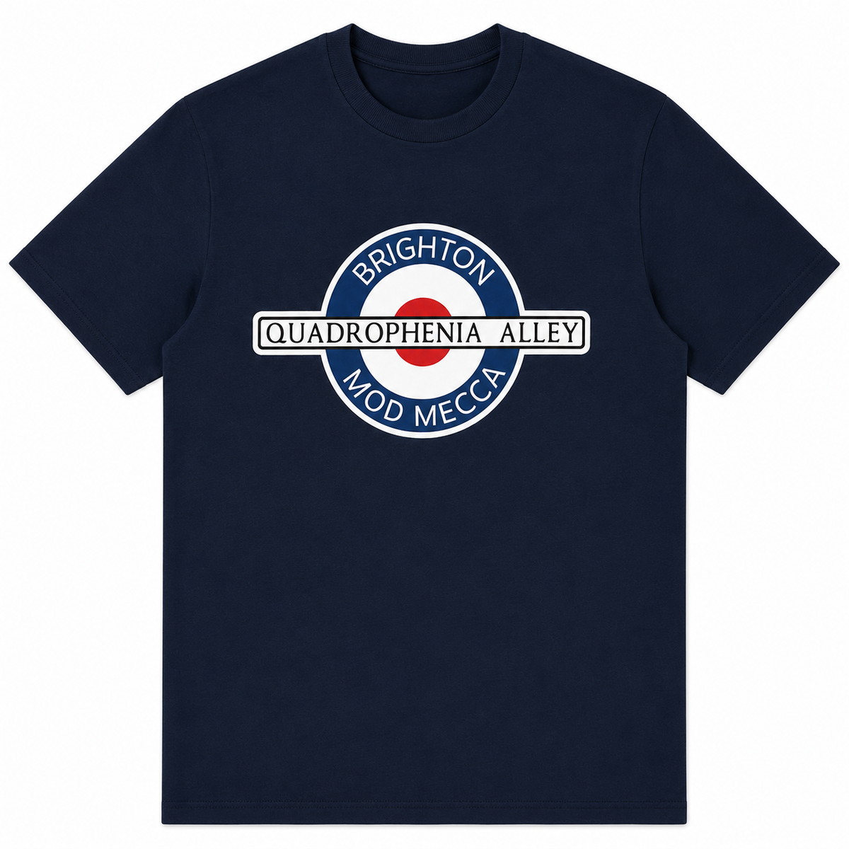 A navy blue short-sleeve crewneck t-shirt featuring a circular graphic on the chest with the text 'BRIGHTON QUADROPHENIA ALLEYE MOD MECCA' in white, blue, and red.