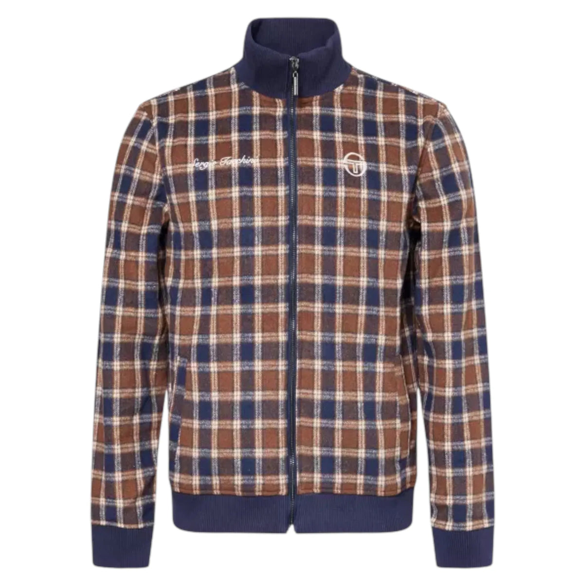 A vintage-style zip-up jacket featuring a brown, navy blue, and beige plaid pattern, with solid navy blue ribbed trim on the collar, cuffs, and hem. The jacket has 'Popeye' embroidered on the left chest and a circular logo on the right chest.