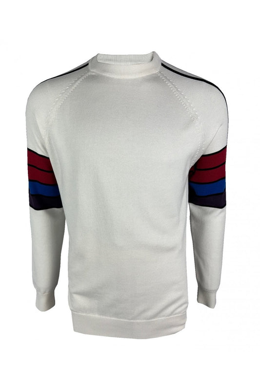 Ska & Soul Men's SS2566 'Beetlebum' Stripe Sleeve Fine Gauge Knit Jumper Ecru