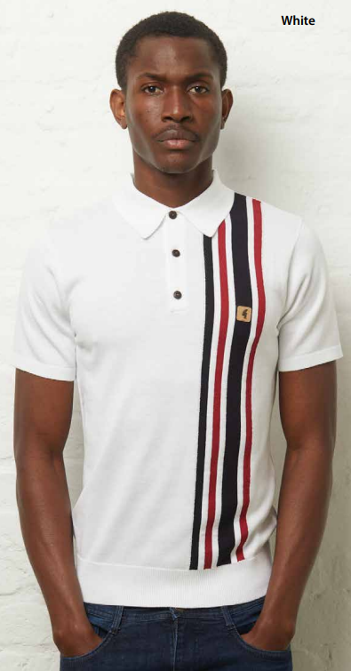 Gabicci Vintage Men's V54GM03 Soda SS Racing Stripe Polo Shirt White