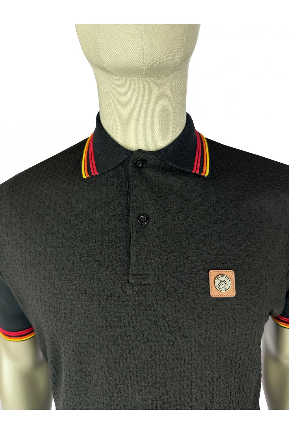 Trojan Records Men's TR9032 Basket Knit Plain Panel Polo Shirt Black