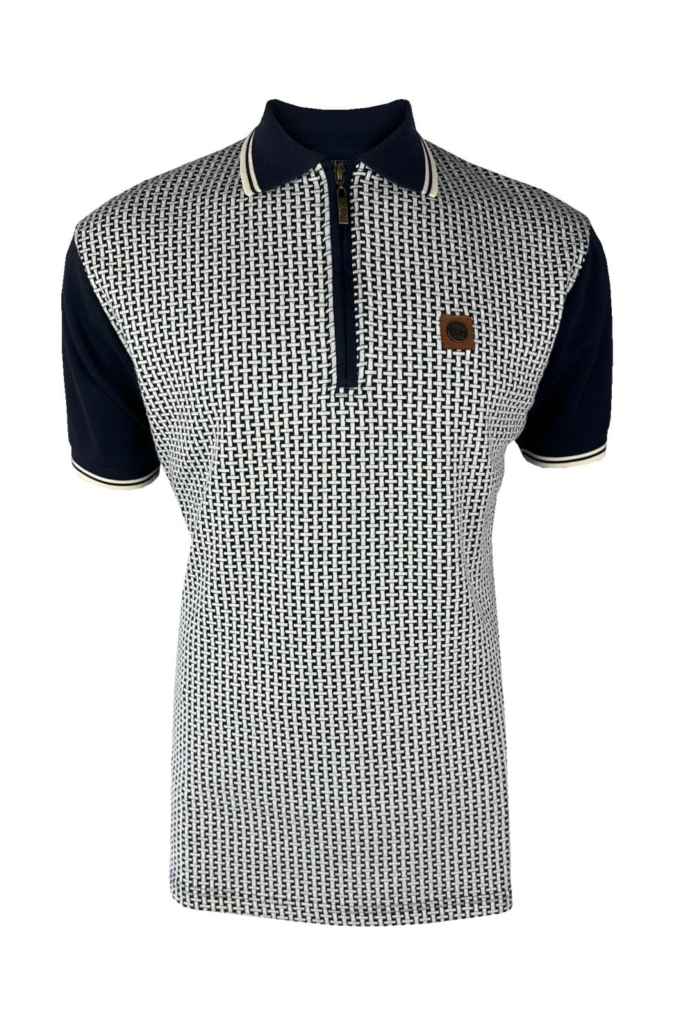 Trojan Records Men's TR9031 Basket Knit Zip Panel Polo Shirt Navy