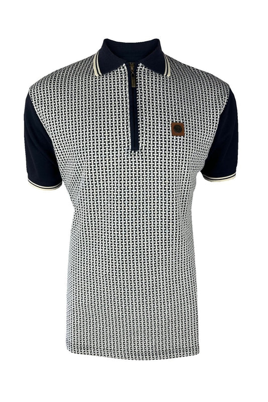 Trojan Records Men's TR9031 Basket Knit Zip Panel Polo Shirt Navy