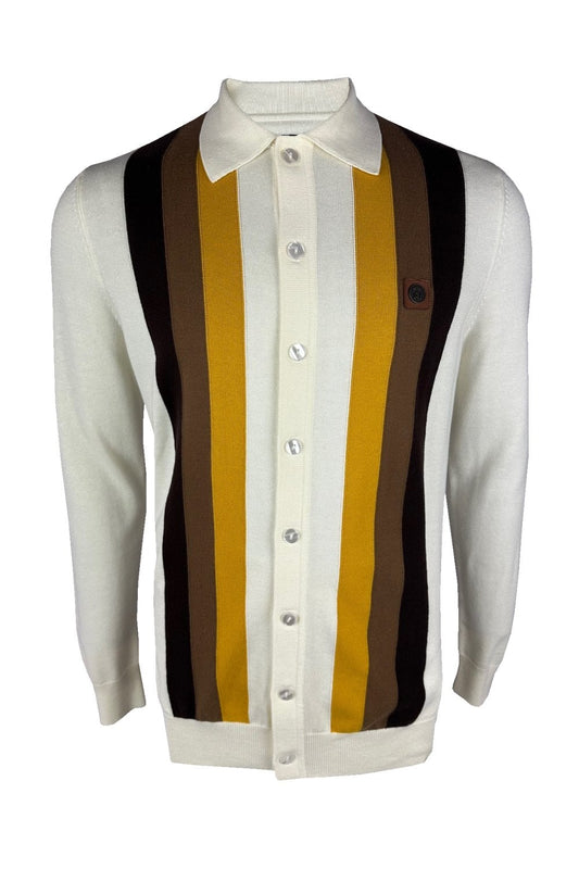 Trojan Records Men's TR9009 Button Through Stripe Cardi Top Ecru