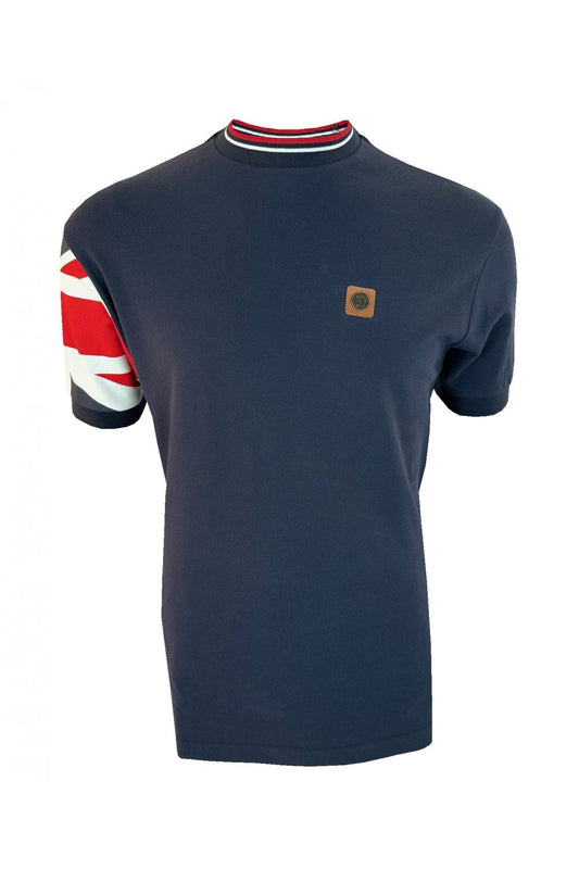 Trojan Records Men's TR9088 Union Jack Flag Print Pique Tee Shirt Navy Blue