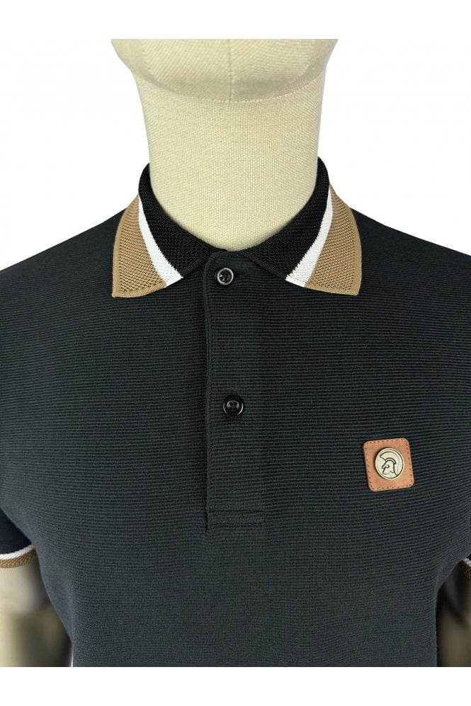 Trojan Records Men's TR9024 Jacquard Trim Ottoman Rib Polo Shirt Black