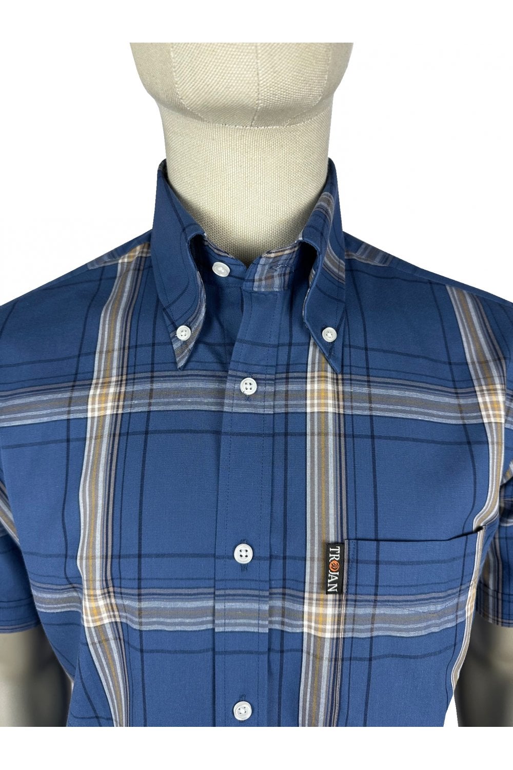 Trojan Records Men's TC1062 SS Large Check Shirt Cobalt Blue