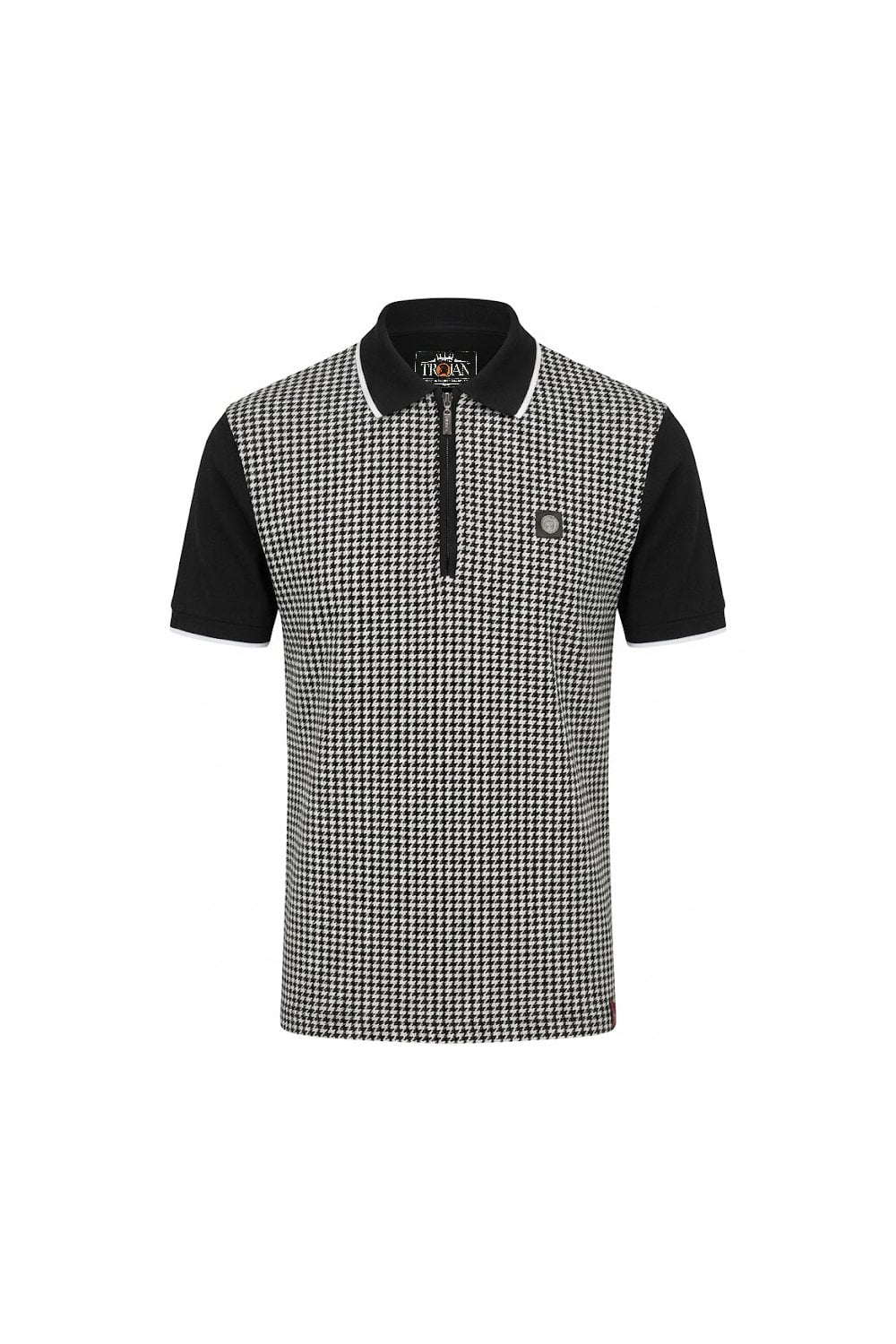 Trojan Records TR9125 Mono Houndstooth Zip Polo Shirt Black