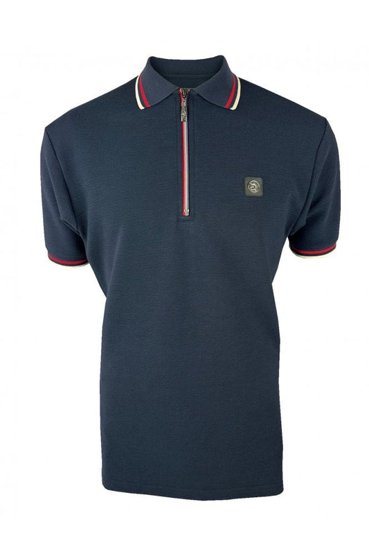 Trojan Records Men's TR9023 Ottoman Rib Zip Polo Shirt Navy Blue