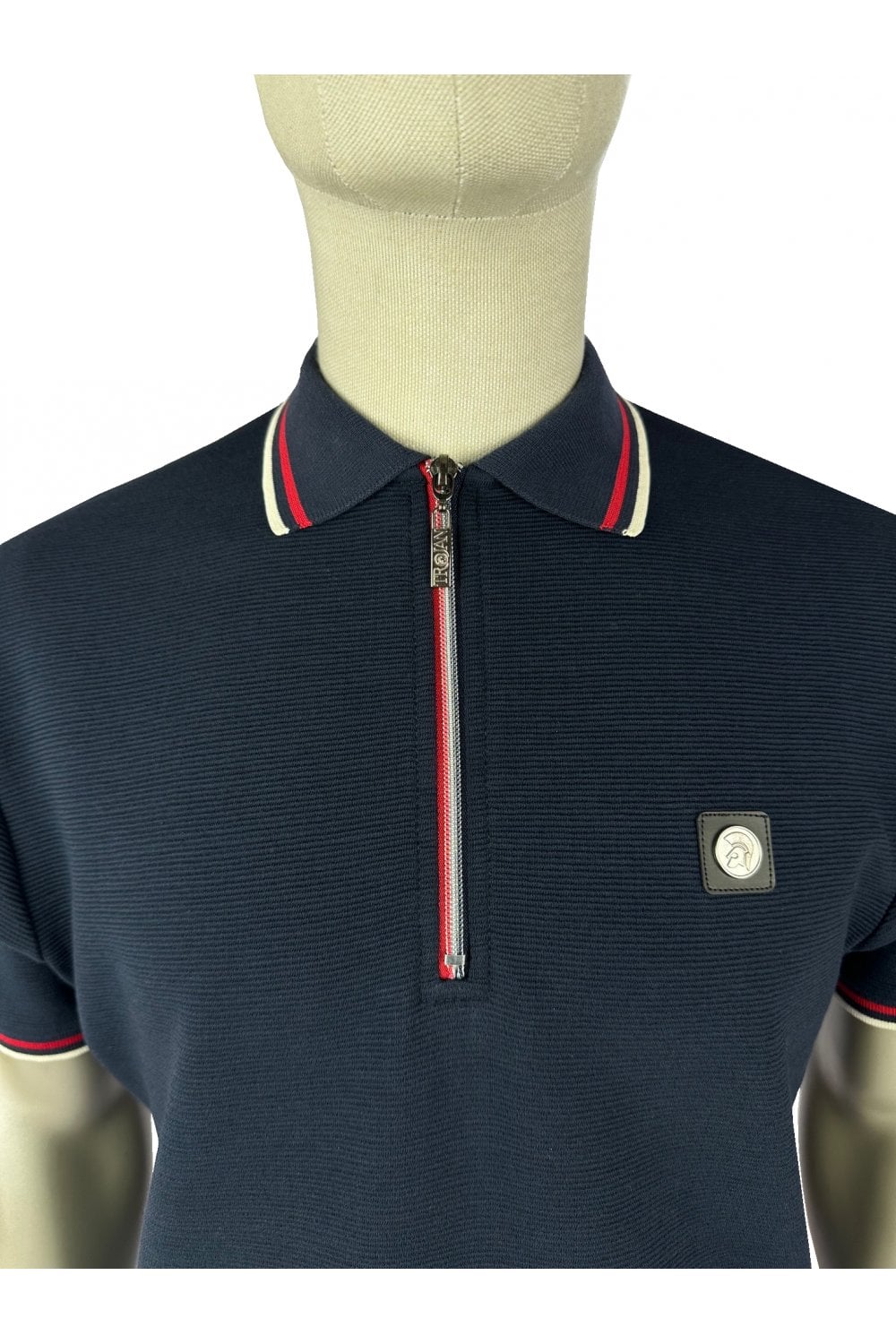 Trojan Records Men's TR9023 Ottoman Rib Zip Polo Shirt Navy Blue