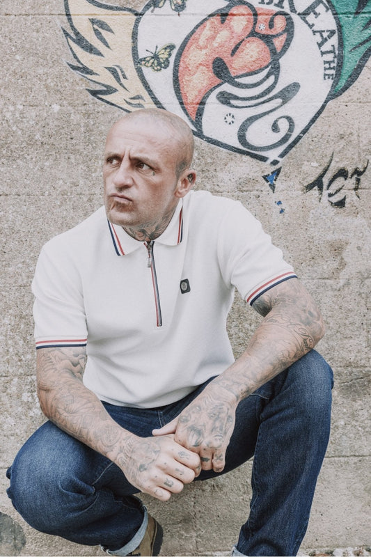 Trojan Records Men's TR9023 Ottoman Rib Zip Polo Shirt Ecru