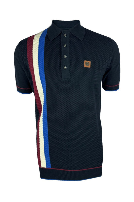 Trojan Records Men's TR9013 Racing Stripe Fine Gauge Polo Shirt Navy Blue