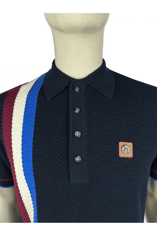 Trojan Records Men's TR9013 Racing Stripe Fine Gauge Polo Shirt Navy Blue