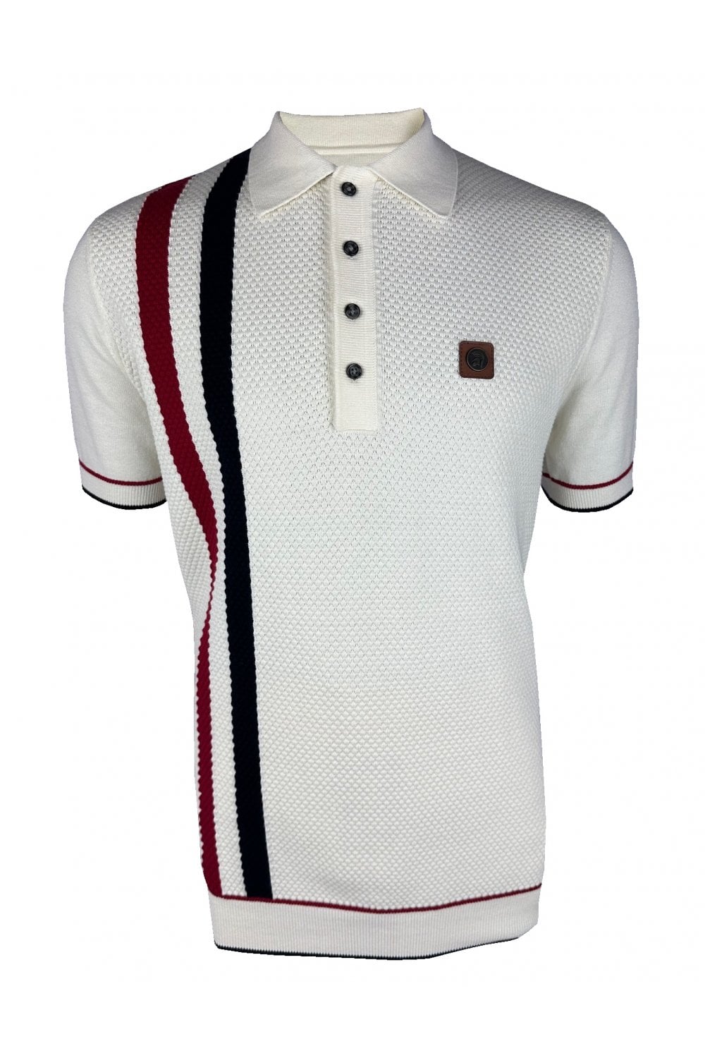 Trojan Records Men's TR9013 Racing Stripe Fine Gauge Polo Shirt Ecru