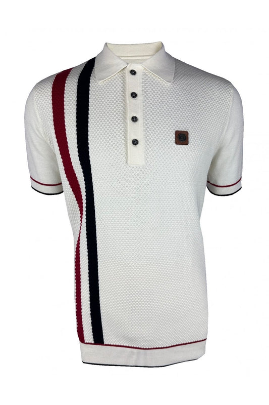 Trojan Records Men's TR9013 Racing Stripe Fine Gauge Polo Shirt Ecru