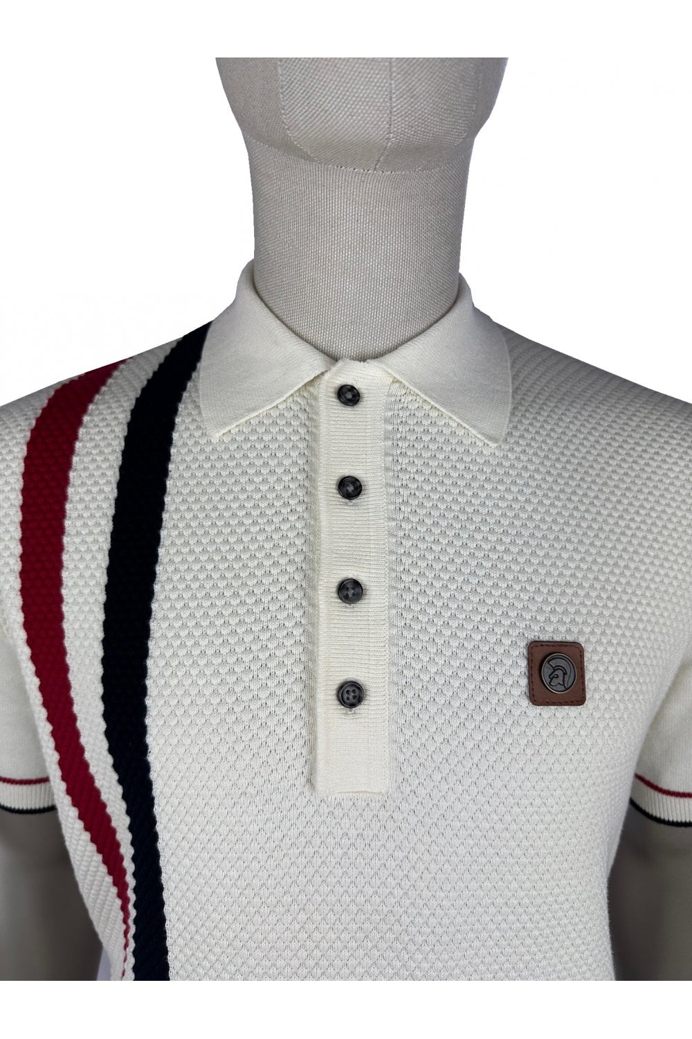 Trojan Records Men's TR9063/TR9013 Racing Stripe Fine Gauge Polo Shirt Ecru