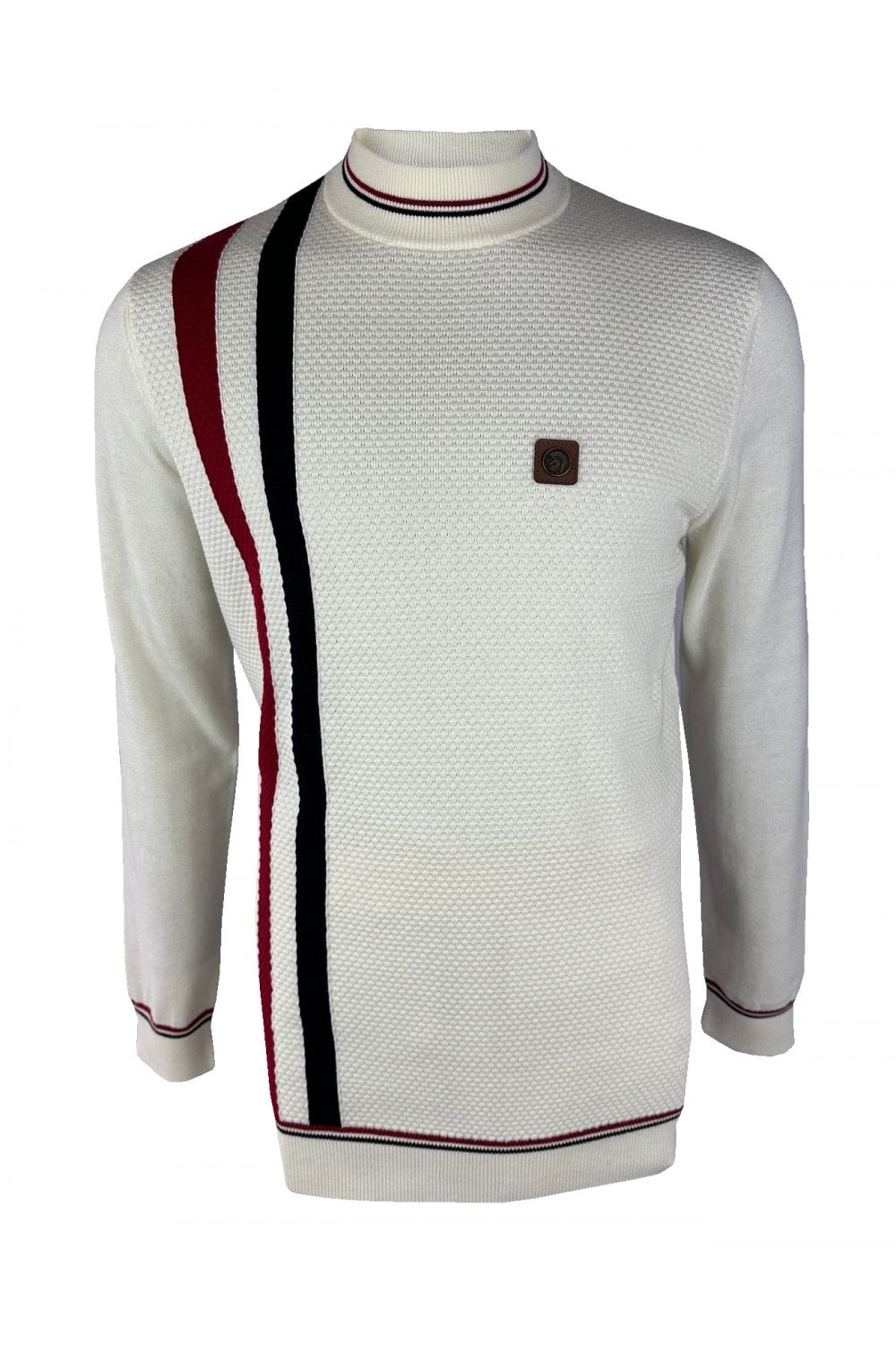 Trojan Records Men's TR9014 Racing Stripe Fine Gauge Turtle Jumper Ecru