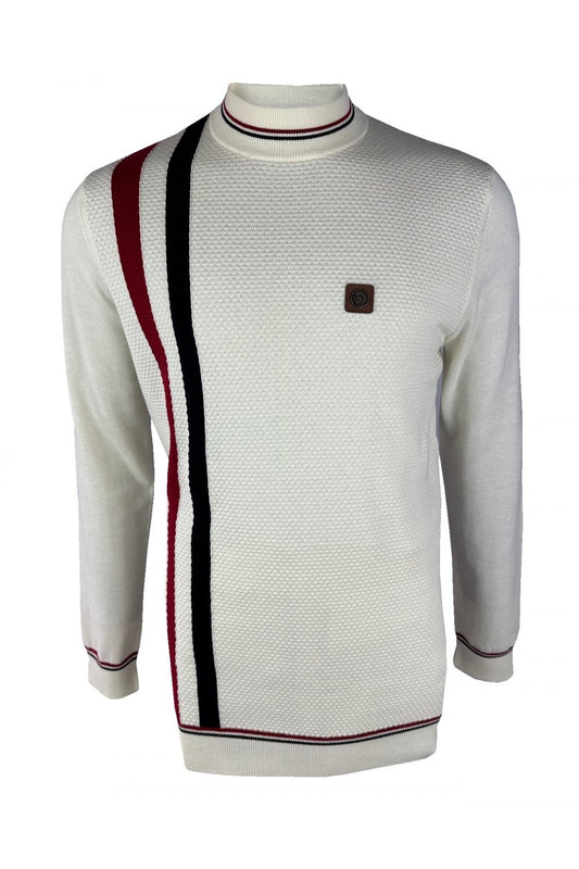Trojan Records Men's TR9014 Racing Stripe Fine Gauge Turtle Jumper Ecru