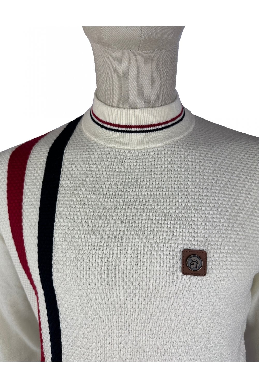 Trojan Records Men's TR9014 Racing Stripe Fine Gauge Turtle Jumper Ecru