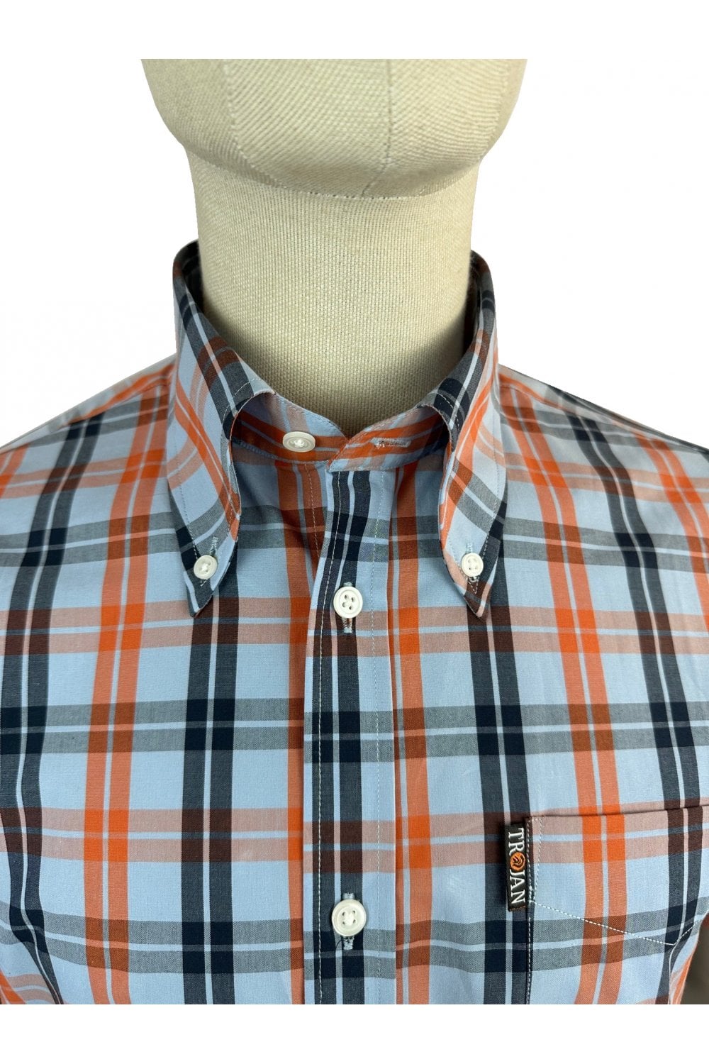 Trojan Records Men's TC1034 SS Windowpane Check Shirt Powder Blue
